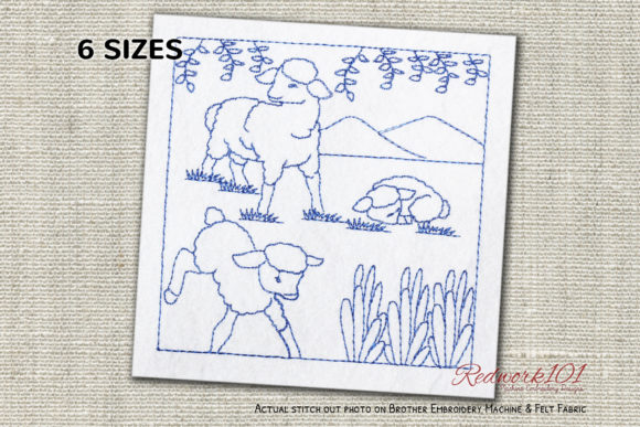 Three Sheep Grazing in Field Redwork Review